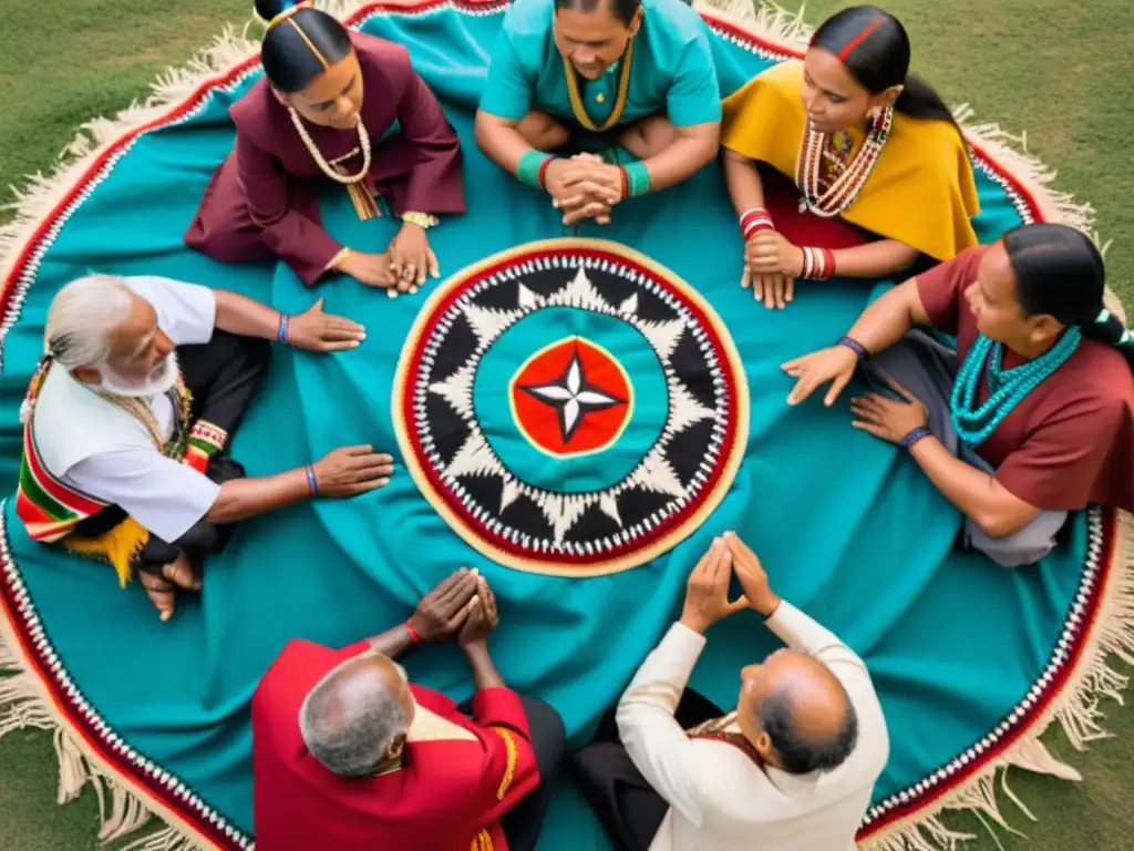 Reunión de líderes indígenas en círculo, vistiendo atuendos tradicionales, expresando sabiduría y unidad