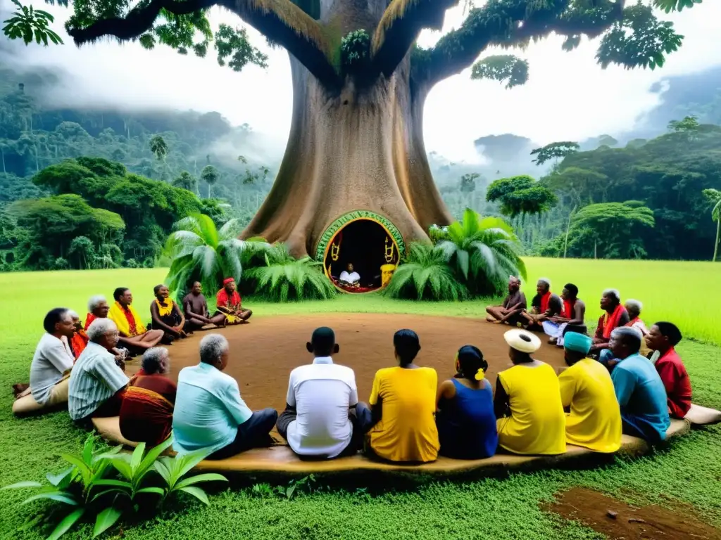 Reunión tradicional de ancianos Saramaka bajo un árbol en la selva surinamesa, respeto y sabiduría en el Derecho a la Consulta Previa Interamericana