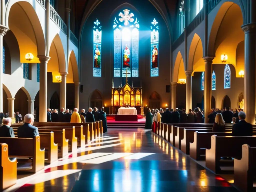 Reverencia y devoción en una ceremonia religiosa en una catedral bajo regímenes autoritarios