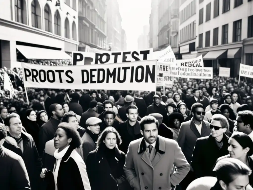 Manifestación de Revoluciones Sociales y Derechos Humanos: calle abarrotada de gente marchando con determinación y pancartas en blanco y negro