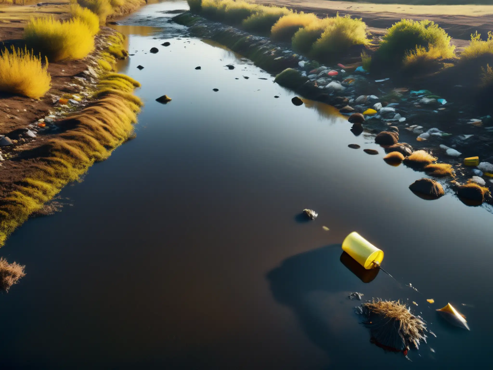 Un río contaminado con basura flotando en aguas oscuras, evocando la responsabilidad por daño ambiental global