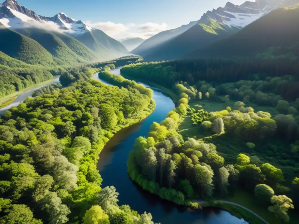 Un río serpenteante fluye entre un exuberante bosque verde, rodeado de montañas nevadas