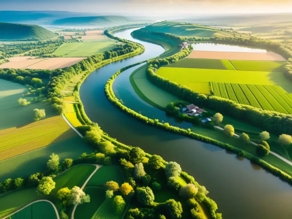 Un río serpenteante a través de un paisaje verde y exuberante, salpicado de pequeñas comunidades y tierras de cultivo