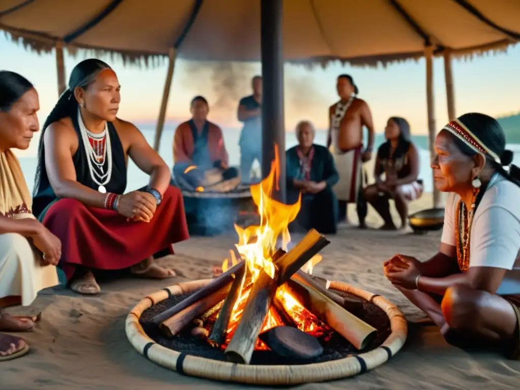 Un ritual de curación indígena con un chamán y miembros de la comunidad alrededor de una fogata