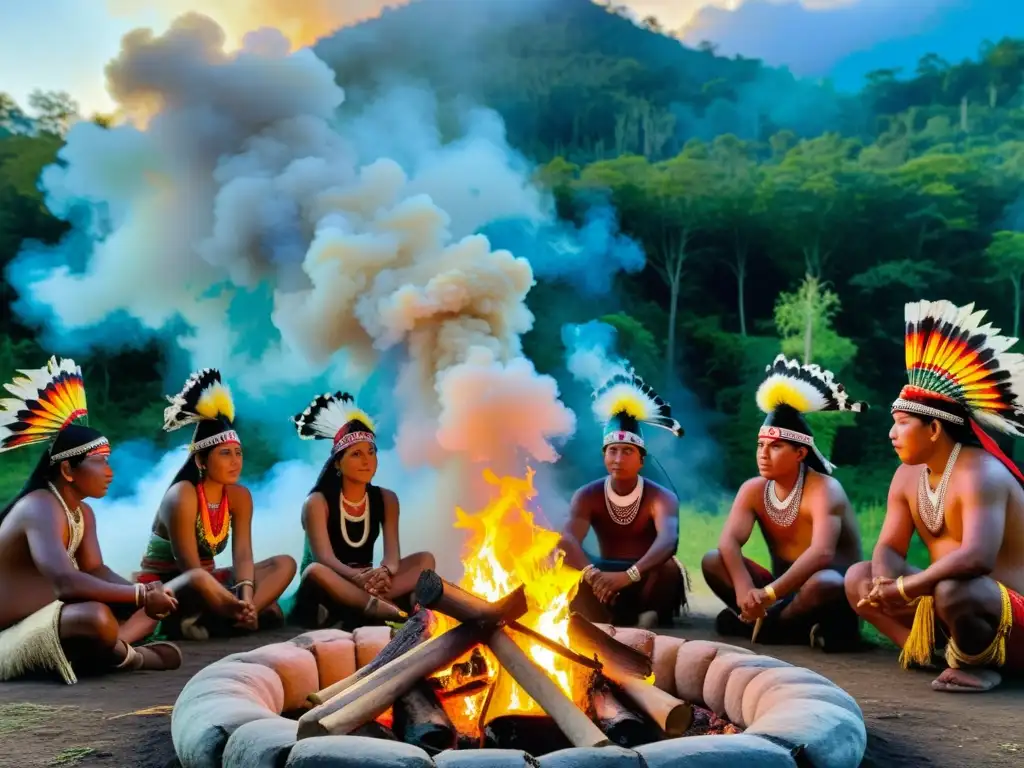 En un ritual festivo, indígenas con atuendos tradicionales danzan alrededor del fuego, promoviendo los derechos de sus festividades indígenas