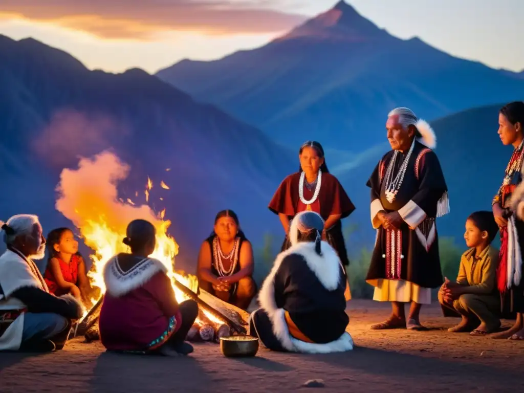 Ritual sagrado de pueblos originarios alrededor del fuego, transmitiendo sabiduría y lucha por derechos humanos