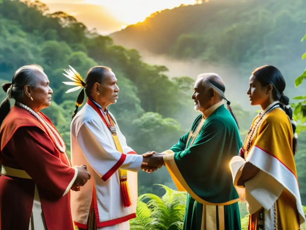 Ritual de unidad: líderes indígenas en ceremonia al atardecer, simbolizando la lucha por los derechos humanos