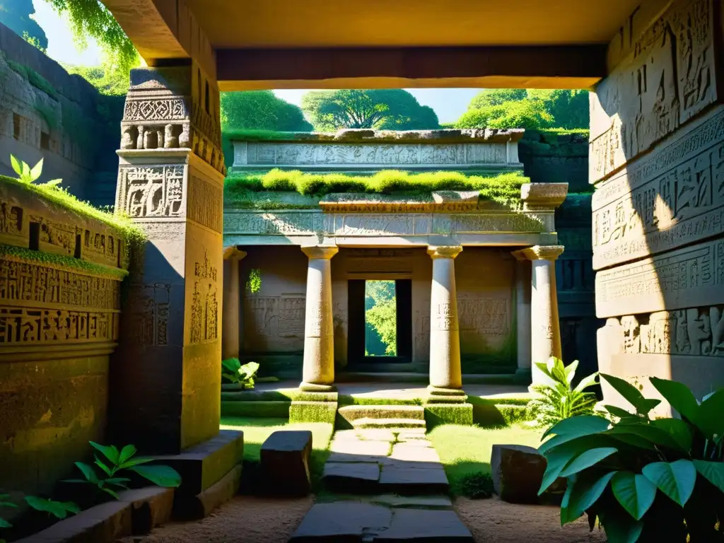 Ruinas antiguas cubiertas de vegetación, con grabados y misterio