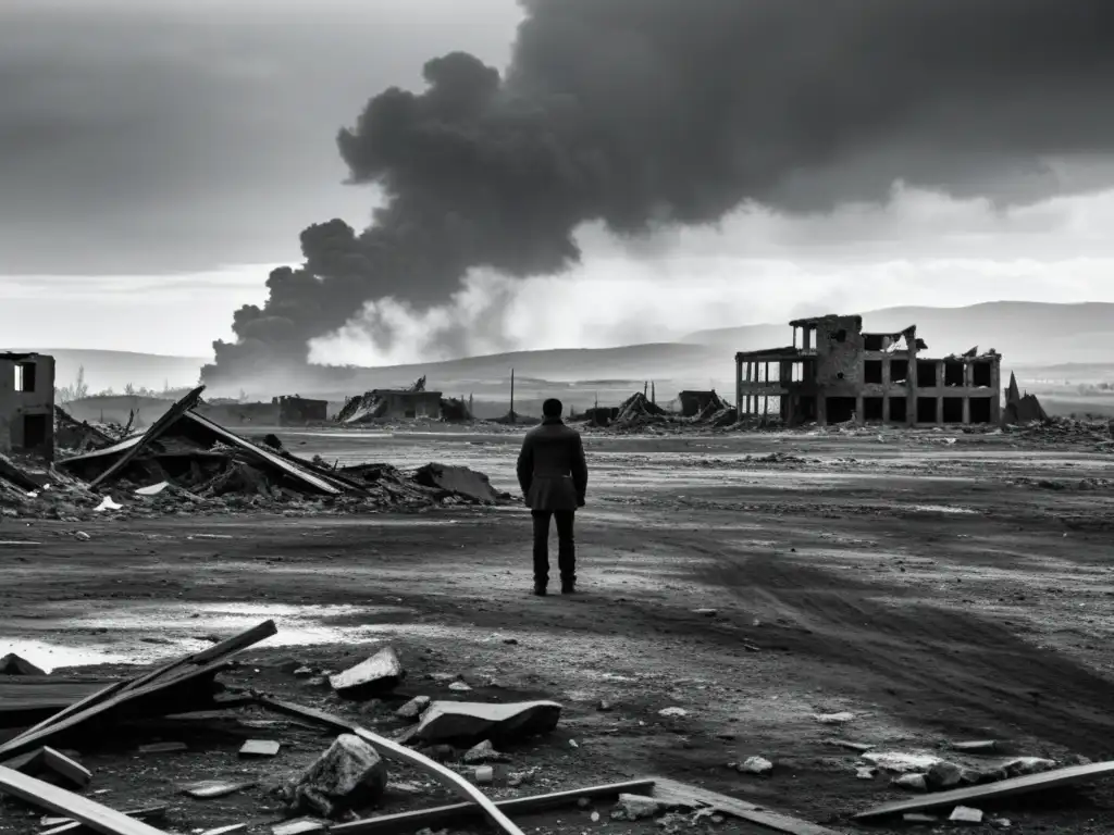 Desolación y ruinas en blanco y negro, con secuelas de conflictos olvidados