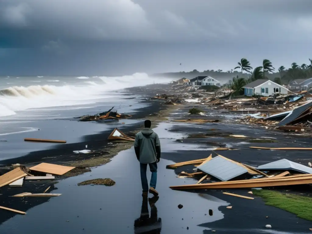 Ruinas de una ciudad costera tras un huracán, destacando la responsabilidad estatal en desastres naturales y la resiliencia humana