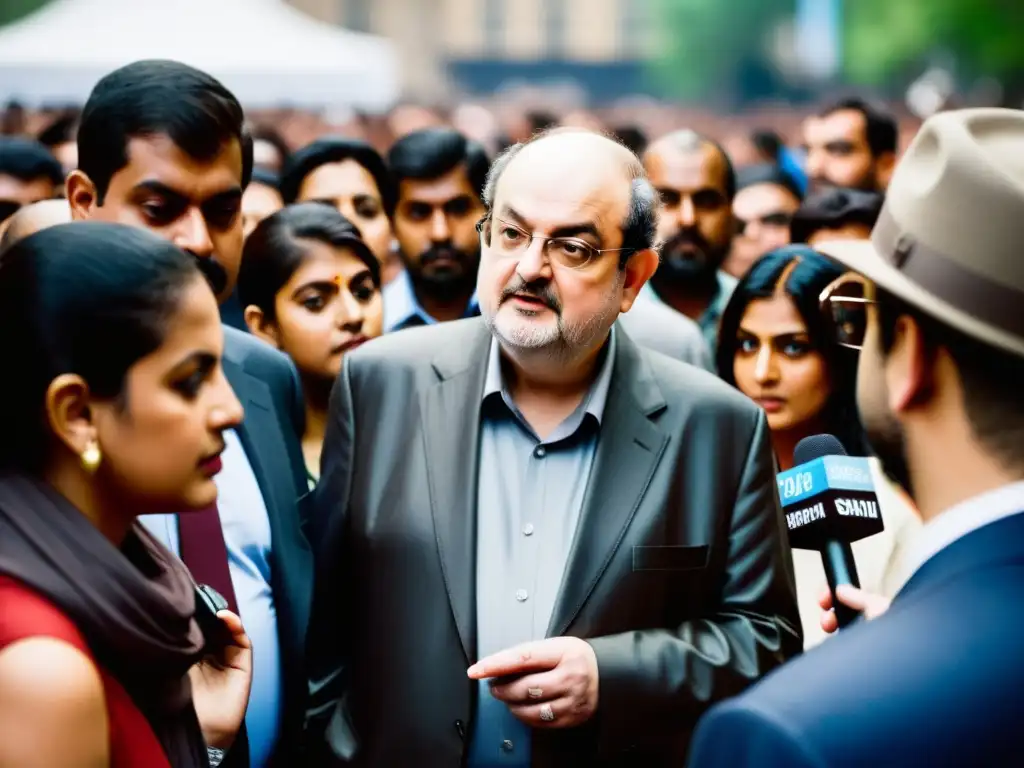 Salman Rushdie en debate intenso rodeado de periodistas y partidarios, reflejando determinación durante la fatwa derechos humanos