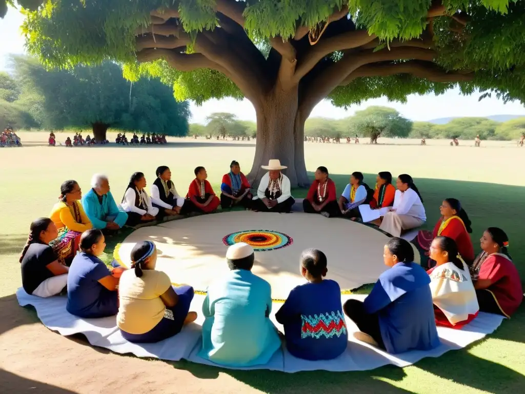 Transmisión de sabiduría ancestral y educación a través de la tradición oral de la comunidad indígena bajo un árbol frondoso