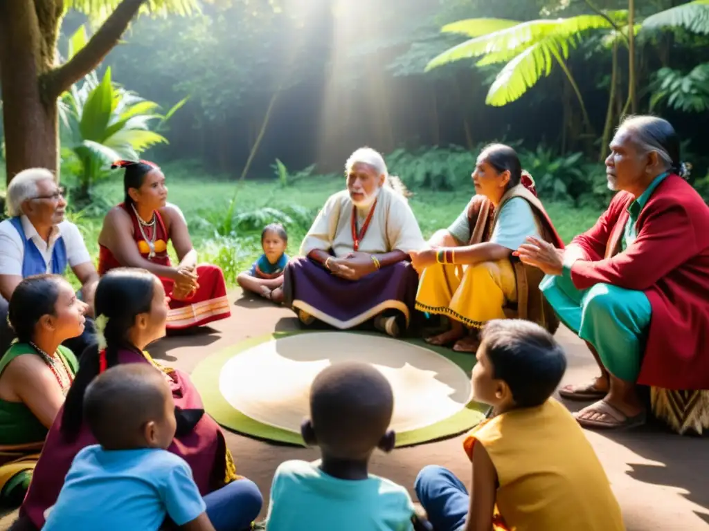 Transmisión ancestral de sabiduría en círculo con niños y jóvenes en la selva