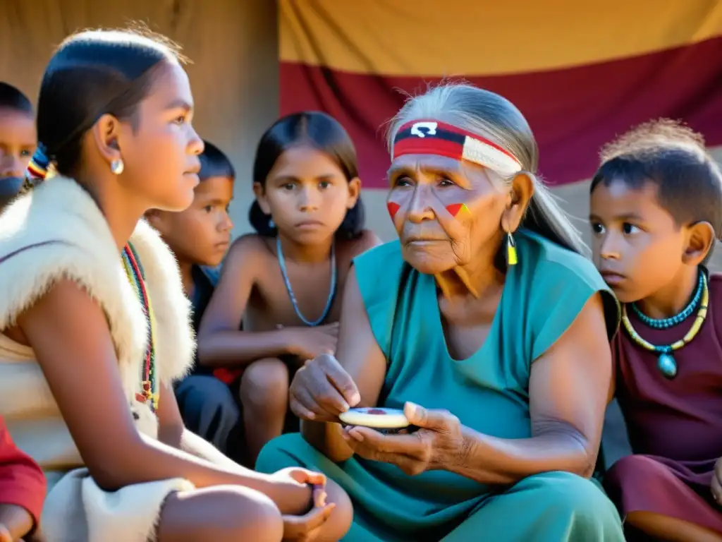 Un sabio indígena comparte tradiciones con niños, preservando idiomas indígenas y derechos culturales en un entorno natural exuberante