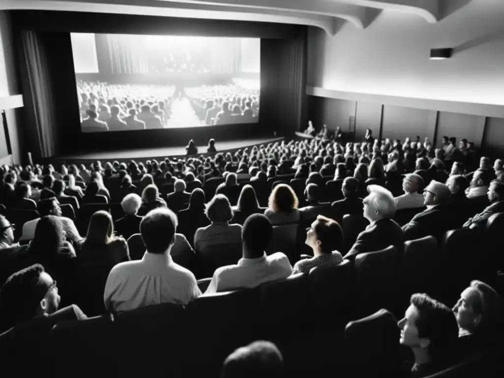 Una sala de cine llena de gente de diferentes edades y orígenes, discutiendo animadamente sobre el papel del cine en derechos humanos