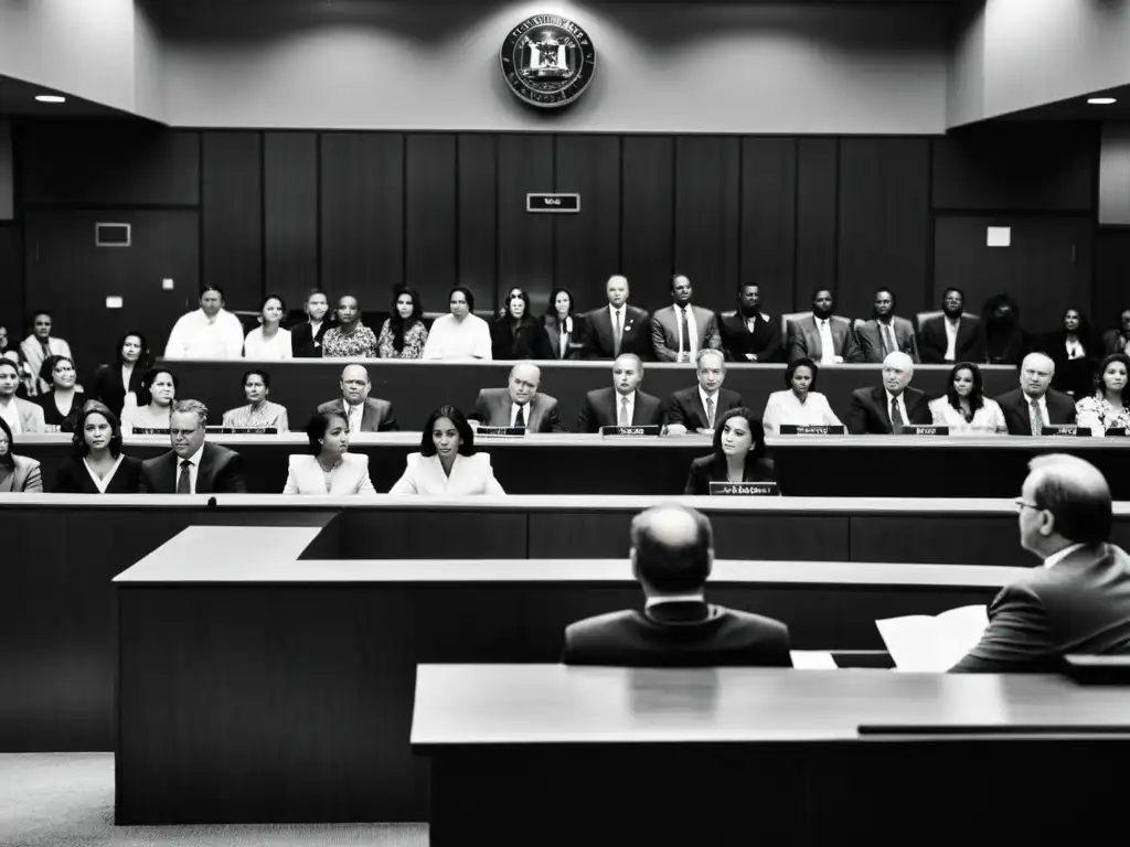 Una sala de tribunal llena de gente en blanco y negro muestra la tensión mientras un juez da veredicto en un caso de crímenes contra la humanidad