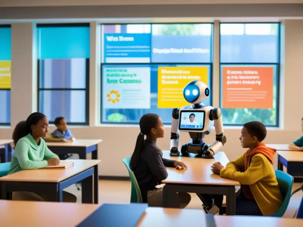 Salón de clases con diversidad de estudiantes, tecnología y un robot interactuando