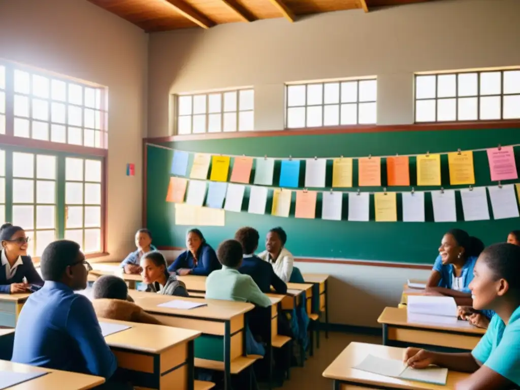 Salón de clases diverso y animado, promoviendo la libertad de pensamiento y la educación en un ambiente inclusivo y de curiosidad intelectual