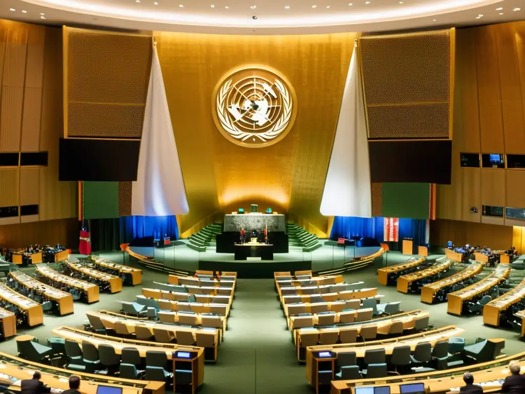 El Salón de la Asamblea General de las Naciones Unidas, con delegados debatiendo bajo las banderas de los países miembros