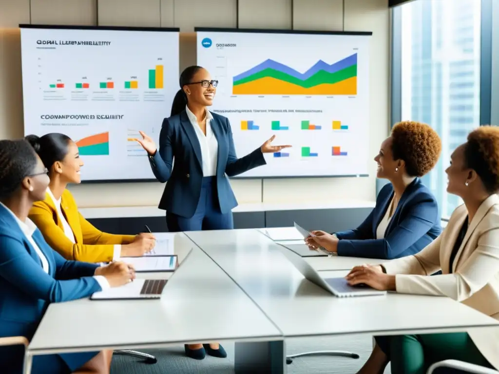 Un salón de juntas ejecutivo en una empresa global, con mujeres líderes discutiendo estrategias para el empoderamiento femenino en empresas globales