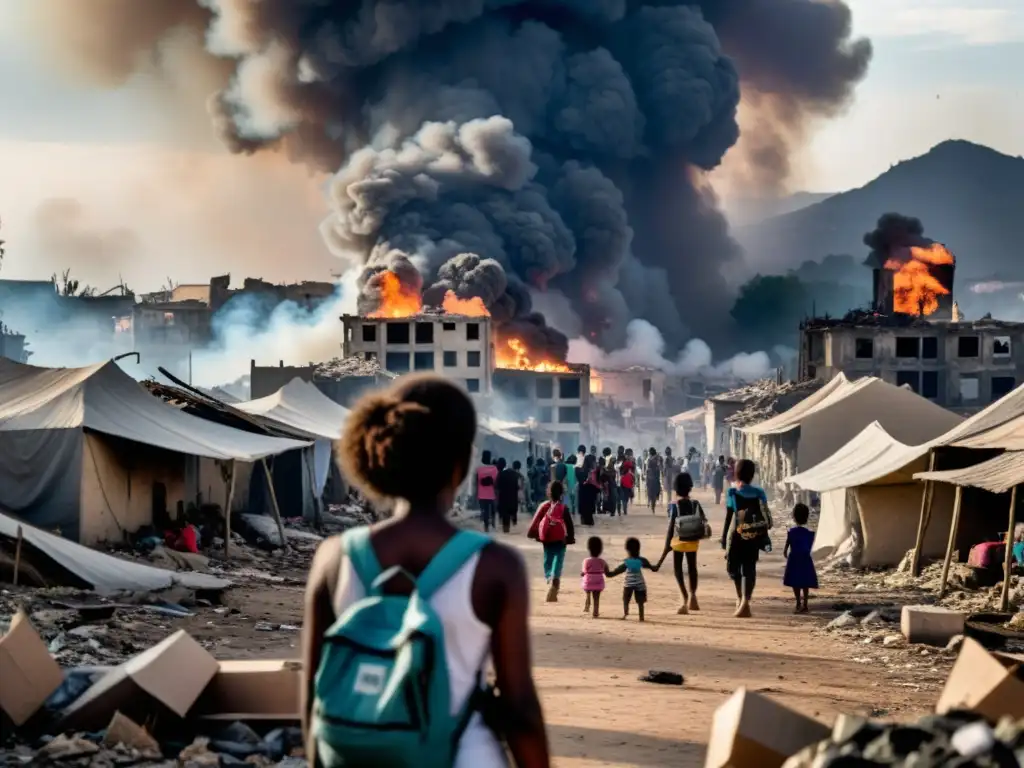 Salvaguardas humanitarias en conflictos armados: Civiles en refugio, devastación y ayuda humanitaria, reflejando esperanza en medio del caos