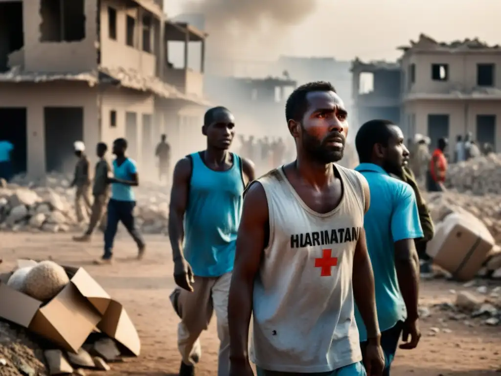 Salvaguardas humanitarias en conflictos armados: Trabajadores humanitarios distribuyendo ayuda en un área de guerra, con determinación en sus ojos