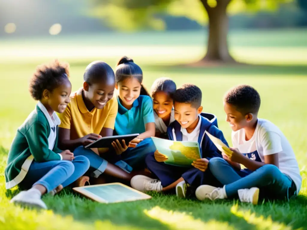 Una sesión de educación móvil para niños desplazados, unidos en aprendizaje y diversidad, guiados por un maestro compasivo en un campo soleado