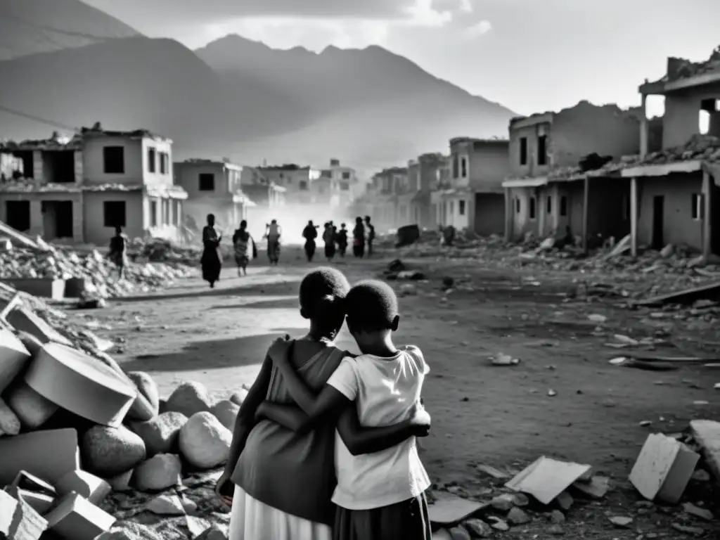 Siluetas de sobrevivientes en zona de conflicto, transmitiendo esperanza y solidaridad