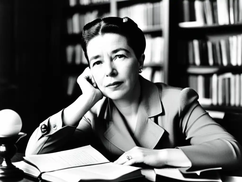 Simone de Beauvoir en su escritorio, rodeada de libros y papeles