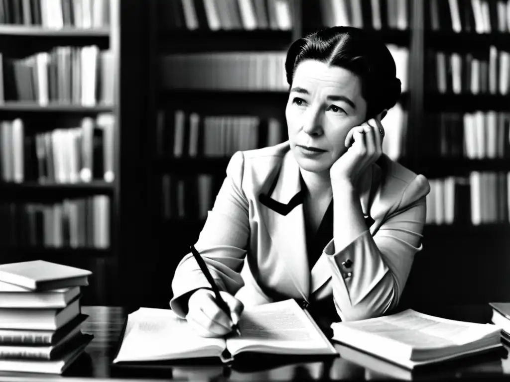 Simone de Beauvoir reflexiona en su escritorio rodeada de libros y papeles, capturando la esencia de la ruptura histórica del feminismo