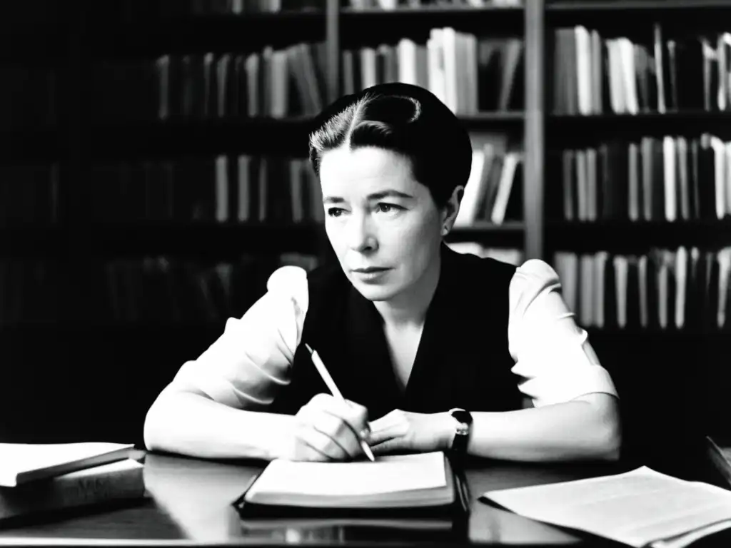 Simone de Beauvoir desafía las normas, escribiendo rodeada de libros en una foto en blanco y negro que muestra su ruptura histórica del feminismo