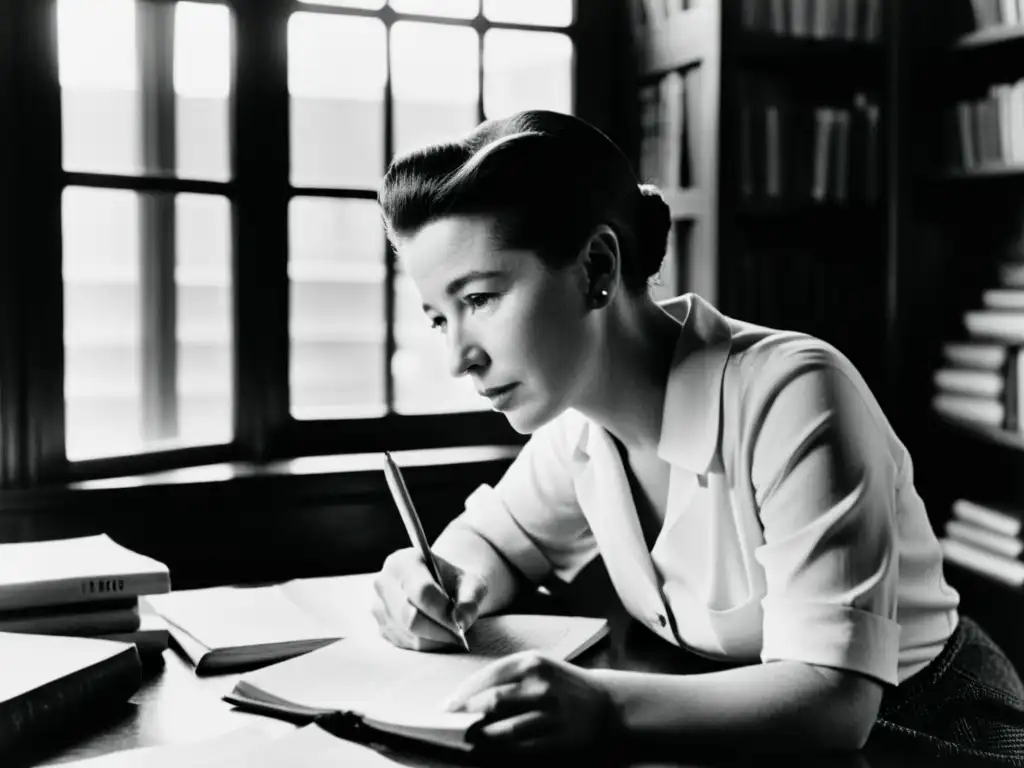 Simone de Beauvoir, sentada en un escritorio, rodeada de libros y papeles, inmersa en sus pensamientos mientras escribe