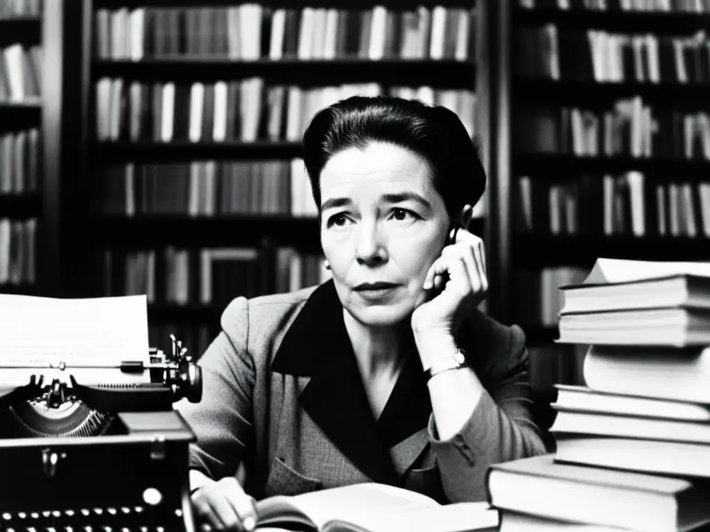 Simone de Beauvoir, símbolo de la ruptura histórica del feminismo, concentrada en su escritura rodeada de libros y papeles