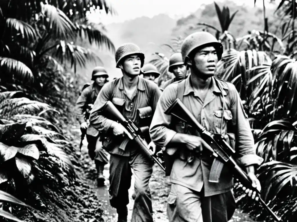 Soldados agotados y determinados atraviesan una densa jungla vietnamita