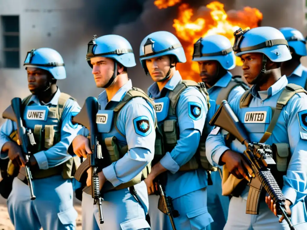 Soldados de la ONU con cascos azules y rifles en ciudad devastada, reflejando el intenso rol de los Cascos Azules derechos humanos