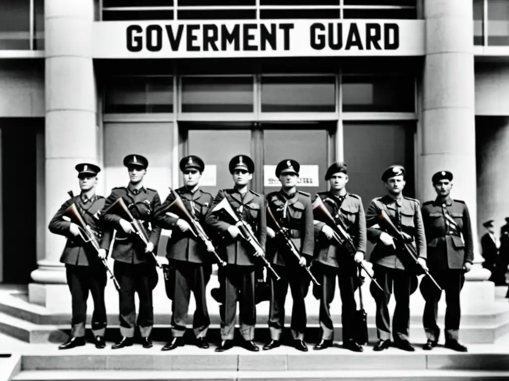 Soldados en guardia frente a edificio gubernamental, con carteles de propaganda