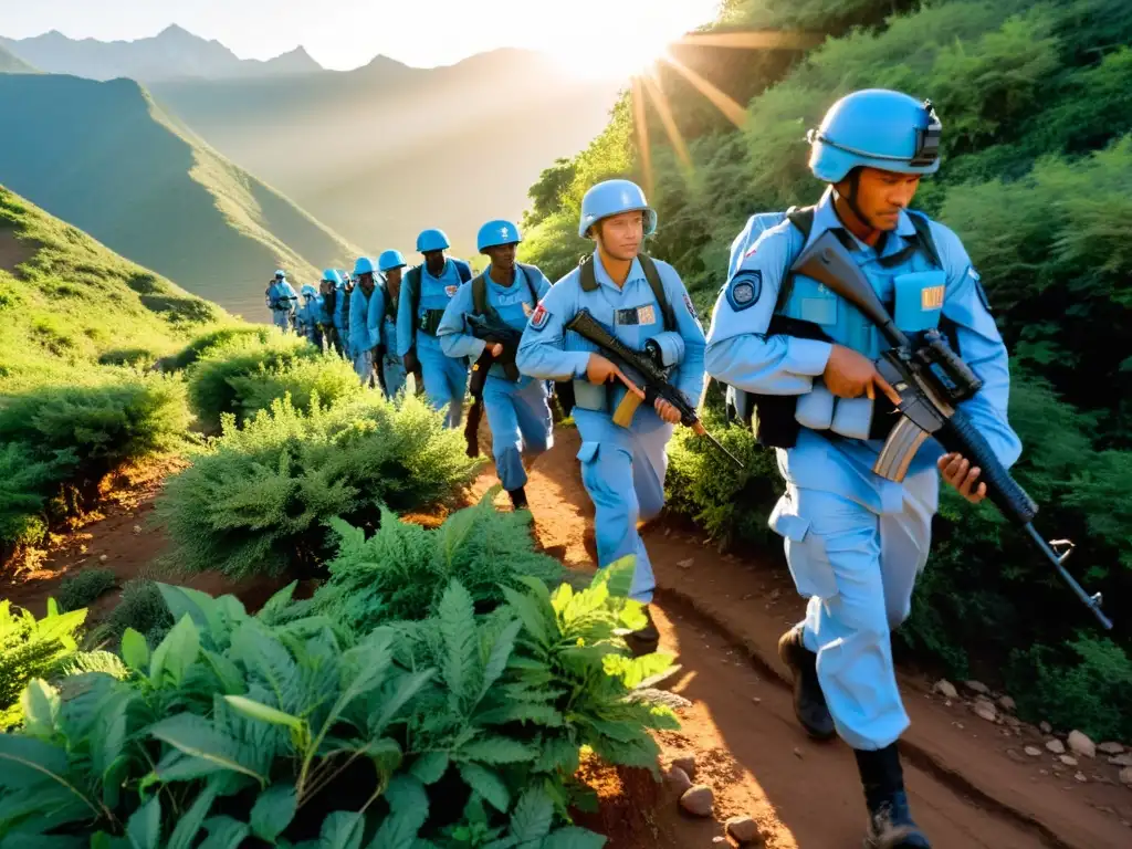 Misión de paz de la ONU: patrulla al atardecer en terreno montañoso Soldados de la ONU patrullan terreno montañoso al atardecer, enfrentando desafíos en el mantenimiento de la estabilidad
