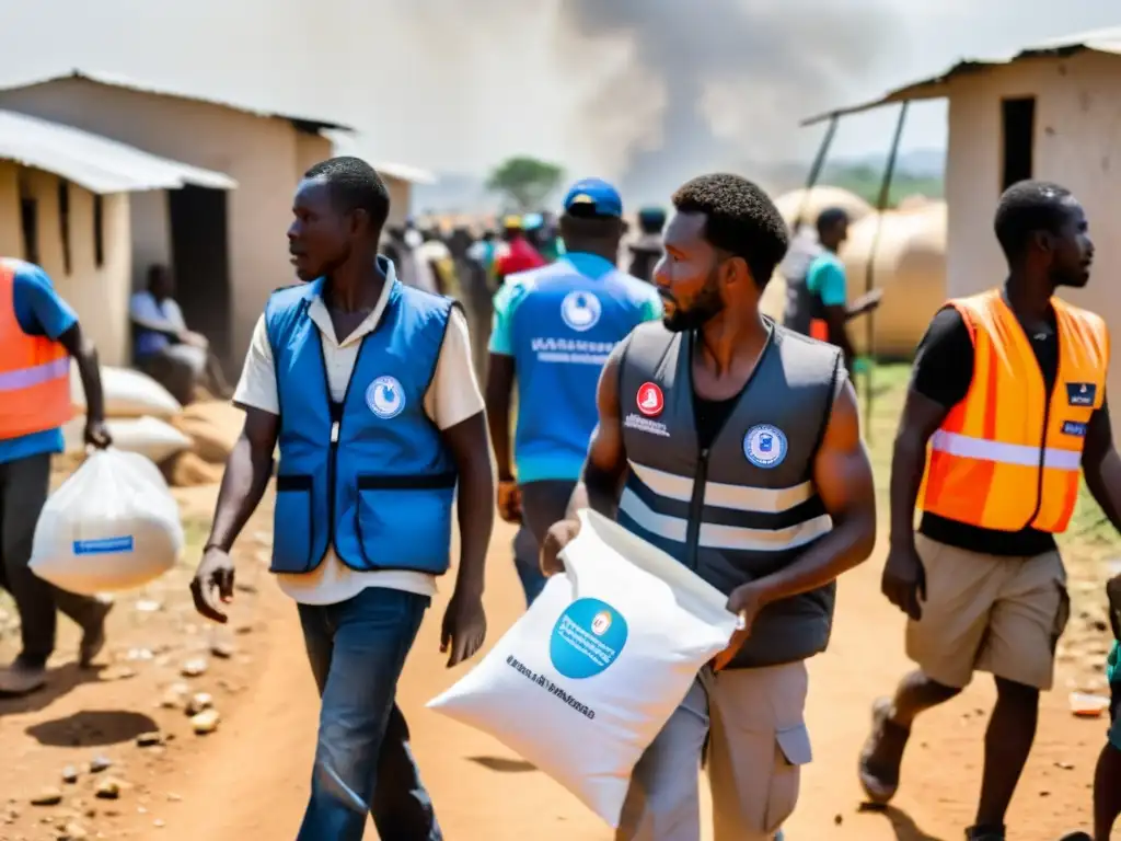 Solidaridad internacional en crisis humanitarias: trabajadores distribuyen ayuda en zona de guerra, mostrando compasión y resiliencia