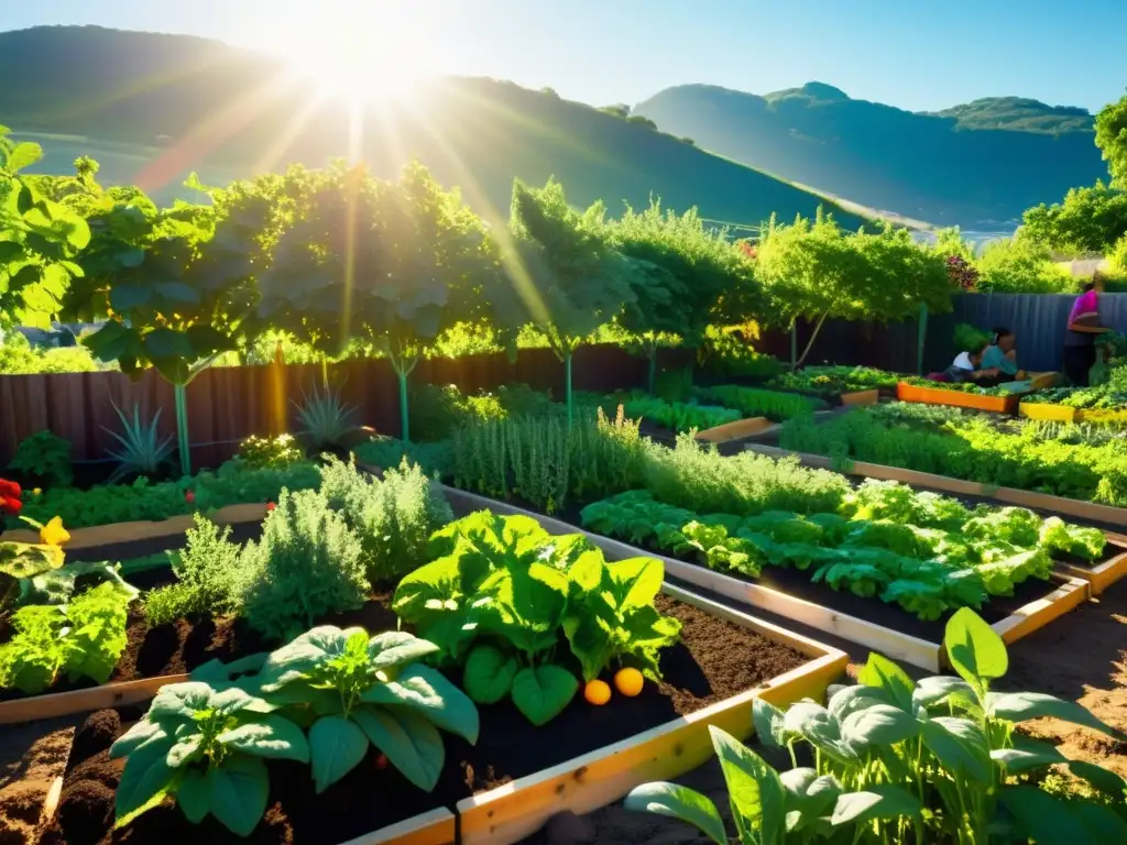 Innovación sostenible en comunidades vulnerables: Jardín comunitario vibrante con frutas, verduras y hierbas, personas trabajando juntas en armonía