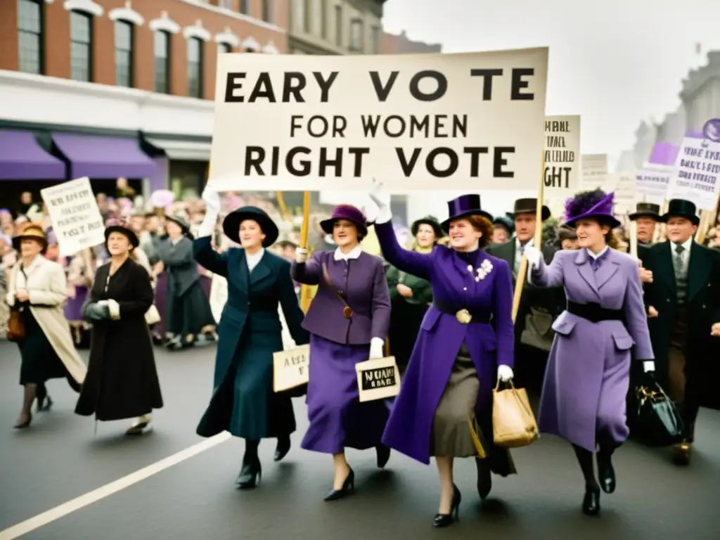 Sufragistas y el voto femenino: mujeres en marcha, con carteles y vestimenta de principios del siglo XX, en una poderosa lucha por sus derechos