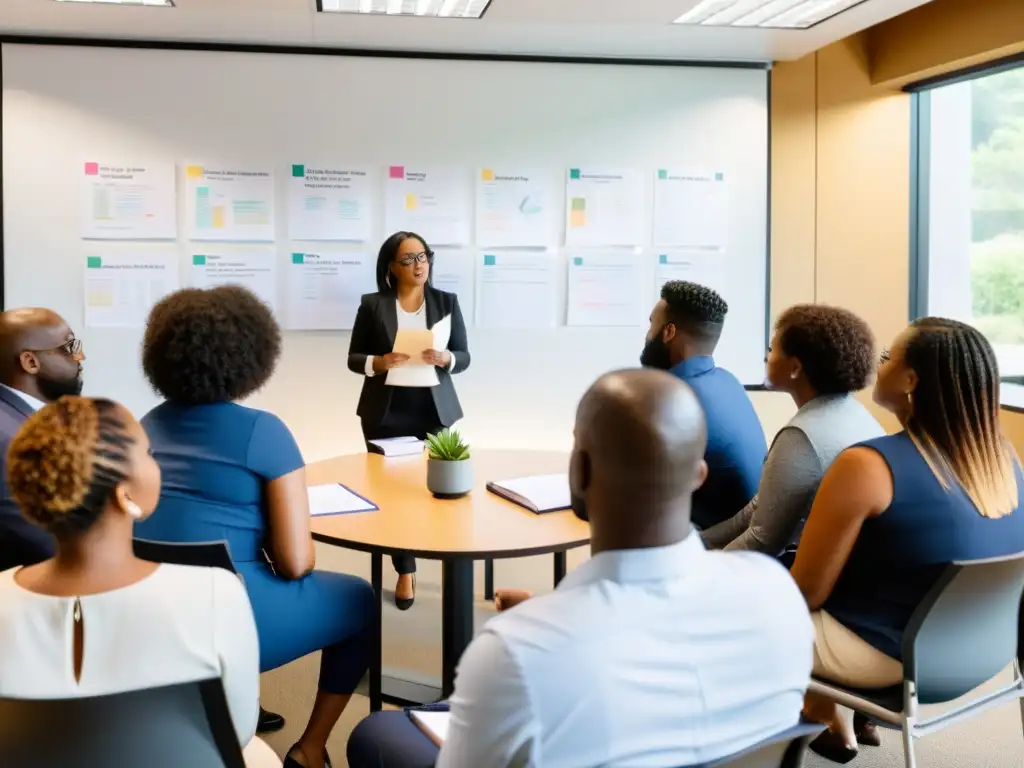 Un taller de salud mental laboral con diversidad de empleados participando activamente, creando un ambiente de trabajo inclusivo y solidario