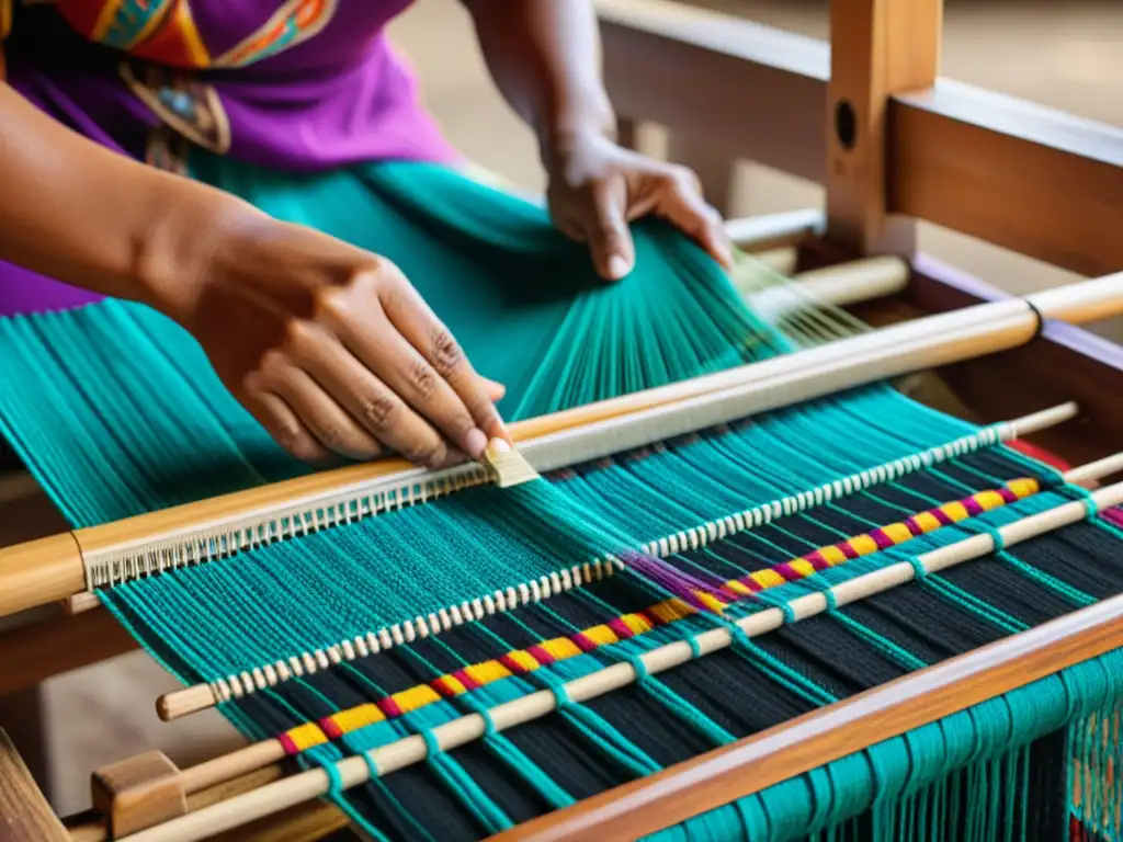 Un tejido de arte indígena como forma de resistencia, con intrincados diseños y colores vibrantes, tejido en un telar de madera por manos expertas