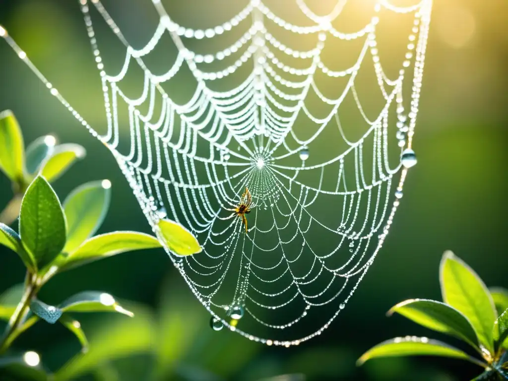 Una telaraña intricada con gotas de rocío, reflejando la biodiversidad