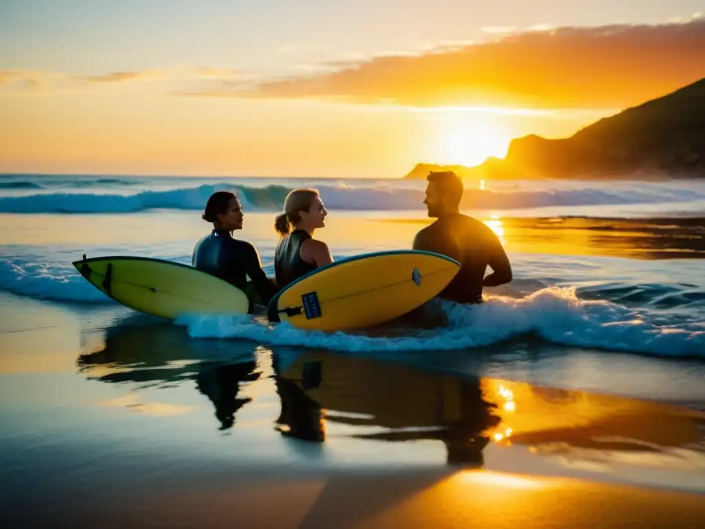 Atardecer de empoderamiento: terapia de surf transformadora Terapias acuáticas para superar traumas: Grupo participa en sesión de surf therapy al atardecer en la playa, expresando determinación y empoderamiento