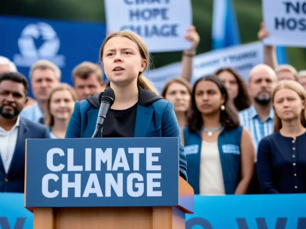 Greta Thunberg habla apasionadamente frente a una multitud diversa, impactando con su activismo por los derechos humanos