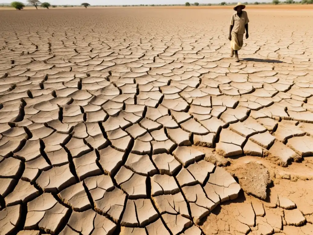 Tierra reseca y agrietada en campo rural, refleja el impacto del cambio climático en la pobreza global, mientras agricultores luchan