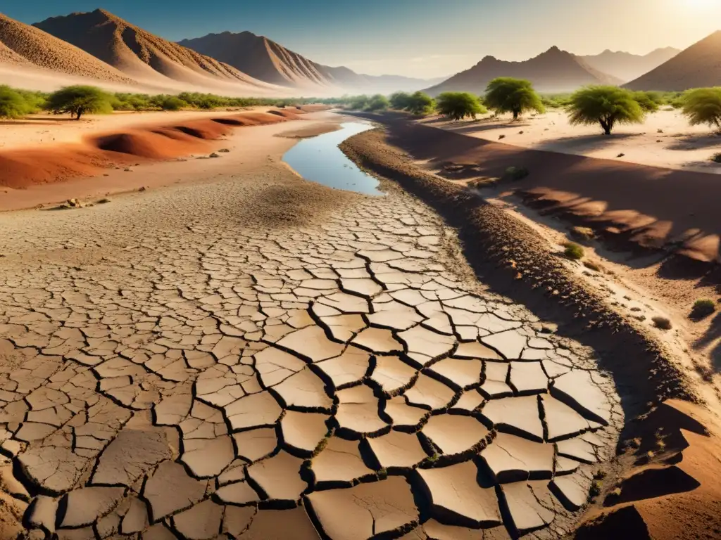 Tierra agrietada y vegetación seca bajo el sol abrasador