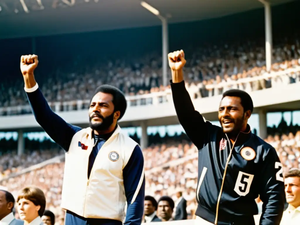 Tommie Smith y John Carlos levantan el puño en protesta en los Juegos Olímpicos de 1968, con la bandera americana de fondo