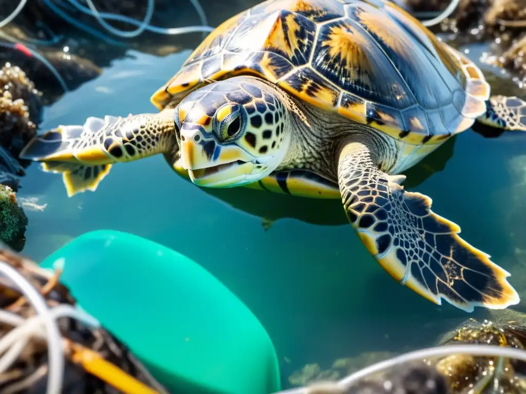 Una tortuga marina luchando entre desechos plásticos en un océano contaminado, representa la urgencia de prevención de la contaminación marina