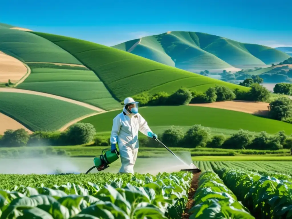 Trabajador agrícola rocía agroquímicos en un campo verde, mostrando la complejidad entre belleza natural y derechos humanos globales